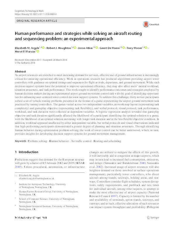 Human performance and strategies while solving an aircraft routing and sequencing problem: an experimental approach Thumbnail
