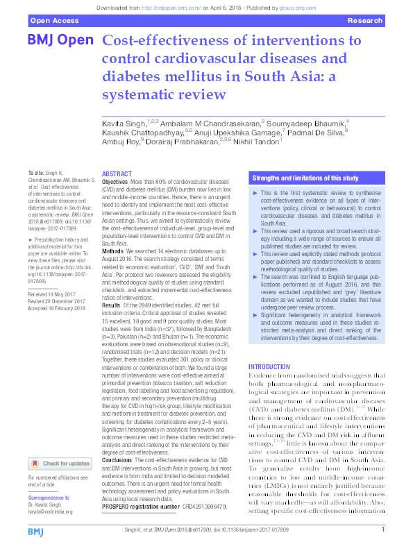 Cost-effectiveness of interventions to control cardiovascular diseases and diabetes mellitus in South Asia: a systematic review Thumbnail
