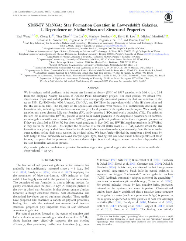 SDSS-IV MaNGA: Star Formation Cessation in Low-redshift Galaxies. I. Dependence on Stellar Mass and Structural Properties Thumbnail