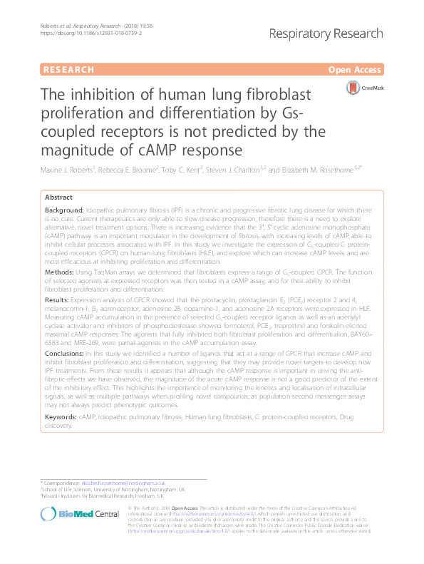 The inhibition of human lung fibroblast proliferation and differentiation by Gs-coupled receptors is not predicted by the magnitude of cAMP response Thumbnail