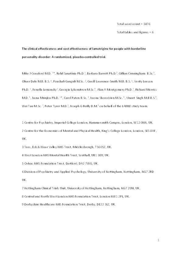 The clinical effectiveness and cost effectiveness of lamotrigine for people with borderline personality disorder: a randomized, placebo-controlled trial Thumbnail