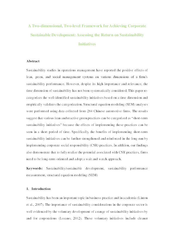 A two-dimensional, two-level framework for achieving corporate sustainable development : assessing the return on sustainability initiatives Thumbnail