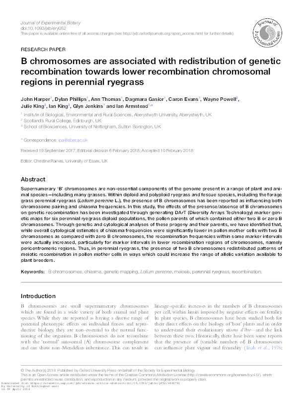 B chromosomes are associated with redistribution of genetic recombination towards lower-recombination chromosomal regions in perennial ryegrass Thumbnail