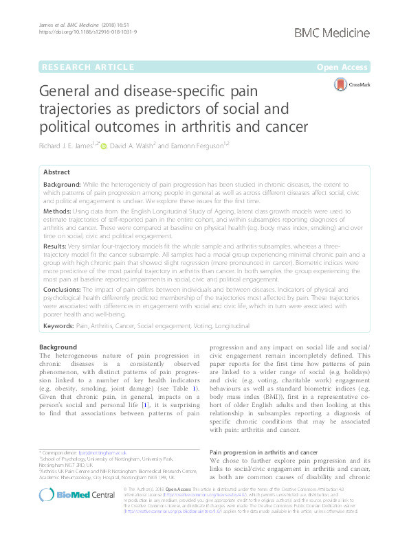 General and disease-specific pain trajectories as predictors of social and political outcomes in arthritis and cancer Thumbnail