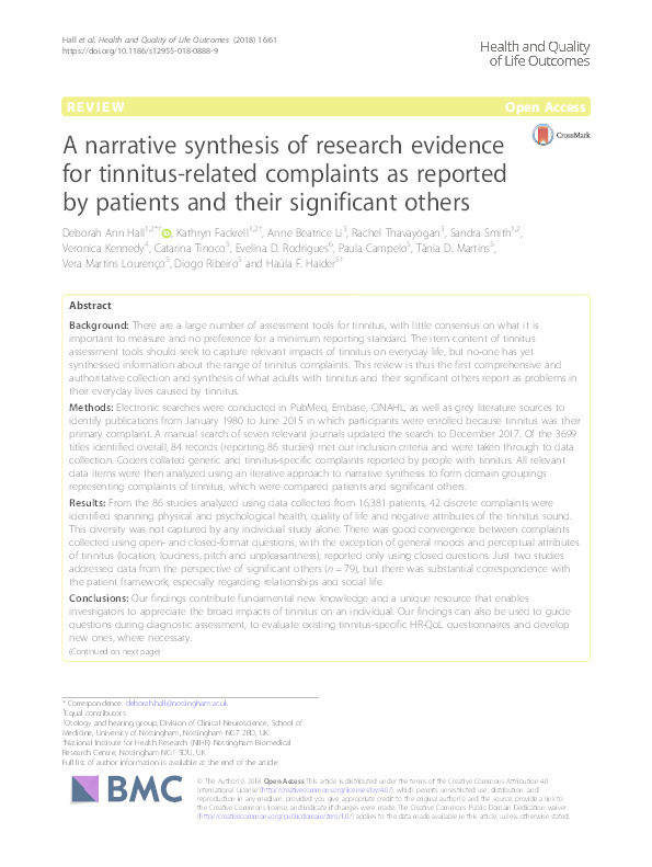 A narrative synthesis of research evidence for tinnitus-related complaints as reported by patients and their significant others Thumbnail