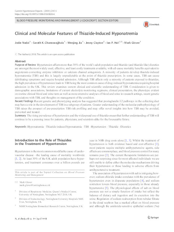 Clinical and molecular features of thiazide-induced hyponatremia Thumbnail