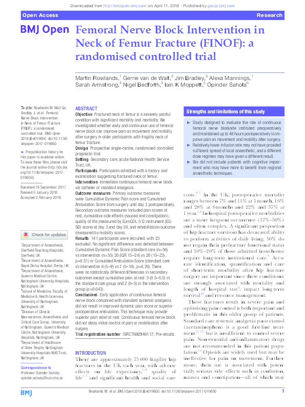 Femoral Nerve Block Intervention in Neck of Femur Fracture (FINOF): a randomized controlled trial Thumbnail