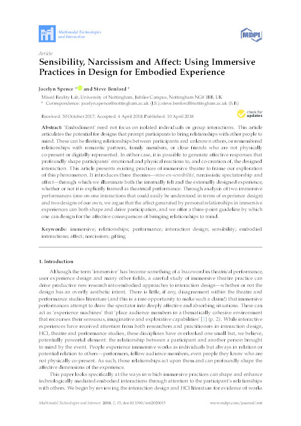 Sensibility, narcissism and affect: using immersive practices in design for embodied experience Thumbnail