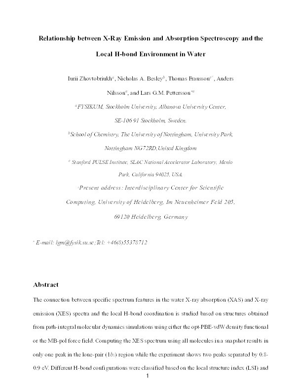 Relationship between x-ray emission and absorption spectroscopy and the local H-bond environment in water Thumbnail