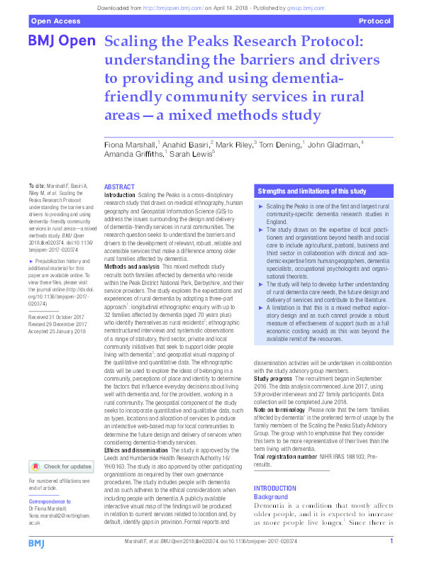 Scaling the Peaks Research Protocol: understanding the barriers and drivers to providing and using dementia-friendly community services in rural areas—a mixed methods study Thumbnail