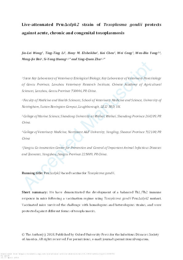 Live-attenuated Pru: Δcdpk2 strain of Toxoplasma gondii protects against acute, chronic and congenital toxoplasmosis Thumbnail