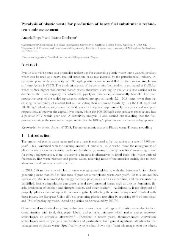 Pyrolysis of plastic waste for production of heavy fuel substitute: a techno-economic assessment Thumbnail