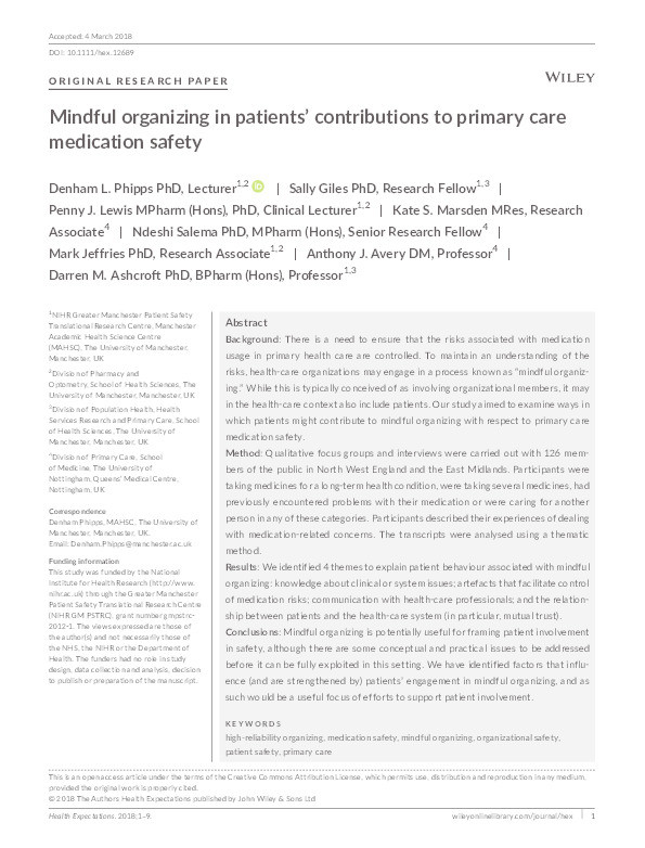 Mindful organizing in patients’ contributions to primary care medication safety Thumbnail