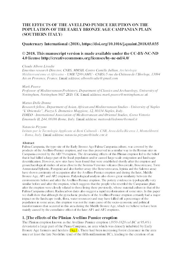 The effects of the Avellino Pumice eruption on the population of the Early Bronze age Campanian plain (Southern Italy) Thumbnail