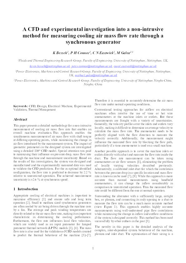 A CFD and experimental investigation into a non-intrusive method for measuring cooling air mass flow rate through a synchronous generator Thumbnail