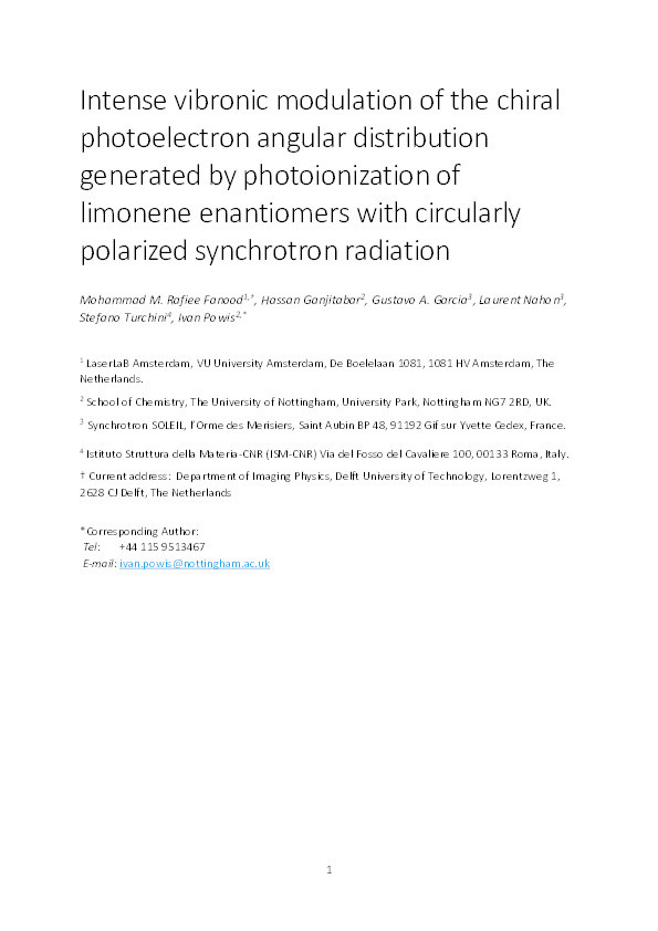 Intense vibronic modulation of the chiral photoelectron angular distribution generated by photoionization of limonene enantiomers with circularly polarized synchrotron radiation Thumbnail