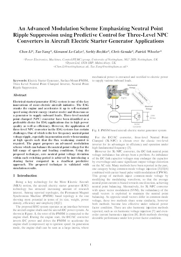 An advanced modulation scheme emphasising neutral point ripple suppression using predictive control for three-level NPC converters in aircraft electric starter generator applications Thumbnail