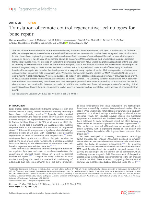 Translation of remote control regenerative technologies for bone repair Thumbnail