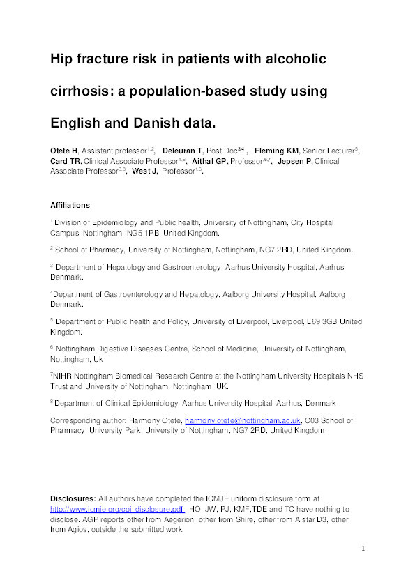 Hip fracture risk in patients with alcoholic cirrhosis: a population-based study using English and Danish data Thumbnail