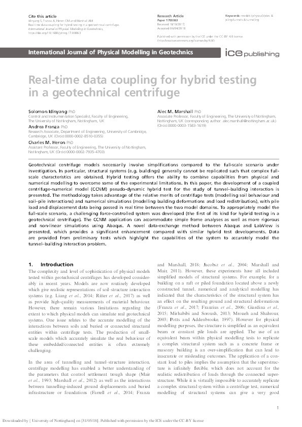 Real-time data coupling for hybrid testing in a geotechnical centrifuge Thumbnail
