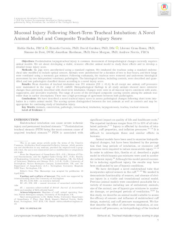 Mucosal injury following short term tracheal intubation: a novel animal model and composite injury score Thumbnail