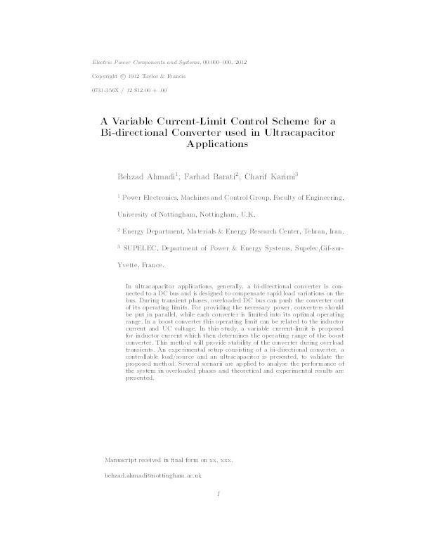 A variable current-limit control scheme for a bi-directional converter used in ultracapacitor applications Thumbnail
