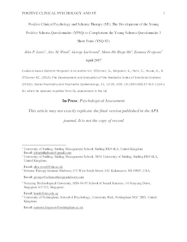 Positive Clinical Psychology and Schema Therapy (ST): the development of the Young Positive Schema Questionnaire (YPSQ) to complement the Young Schema Questionnaire 3 Short Form (YSQ-S3) Thumbnail