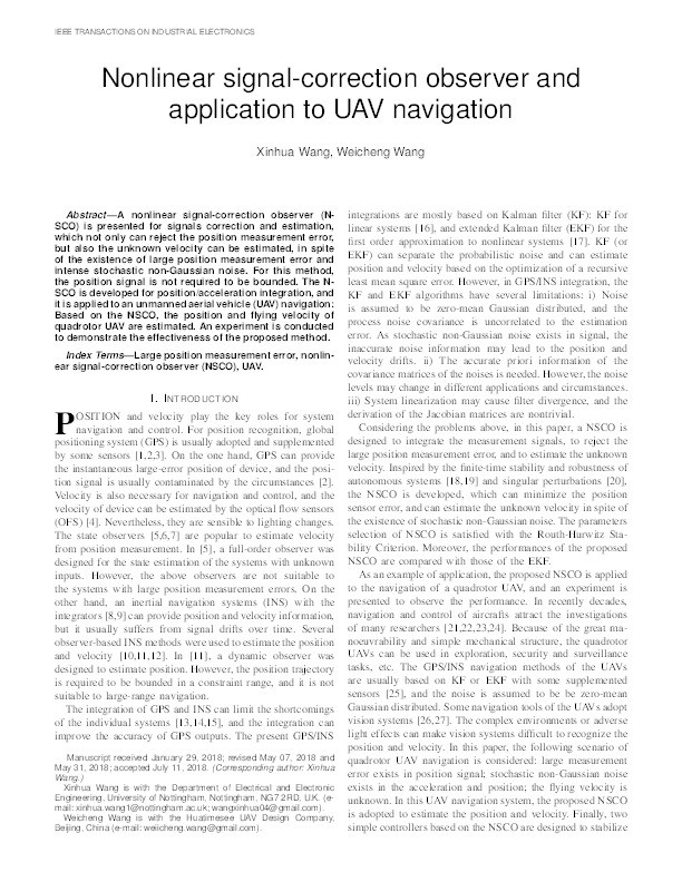 Nonlinear Signal-Correction Observer and Application to UAV Navigation Thumbnail