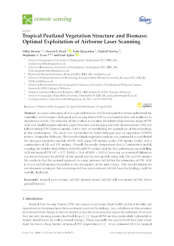 Tropical peatland vegetation structure and biomass: optimal exploitation of airborne laser scanning Thumbnail