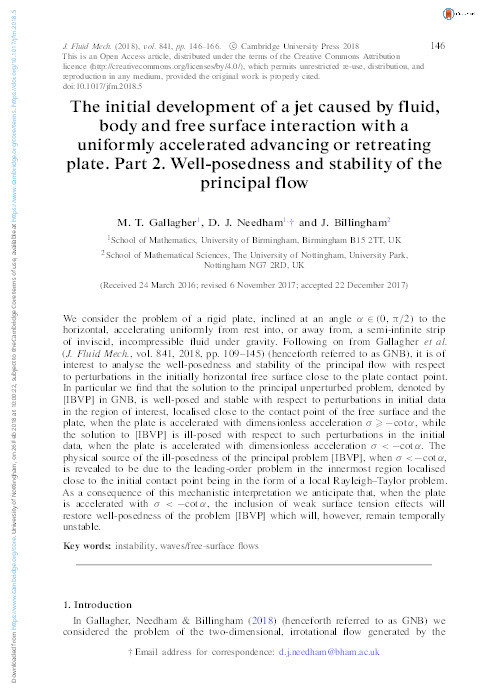 The initial development of a jet caused by fluid, body and free surface interaction with a uniformly accelerated advancing or retreating plate. Part 2. Well-posedness and stability of the principal flow Thumbnail