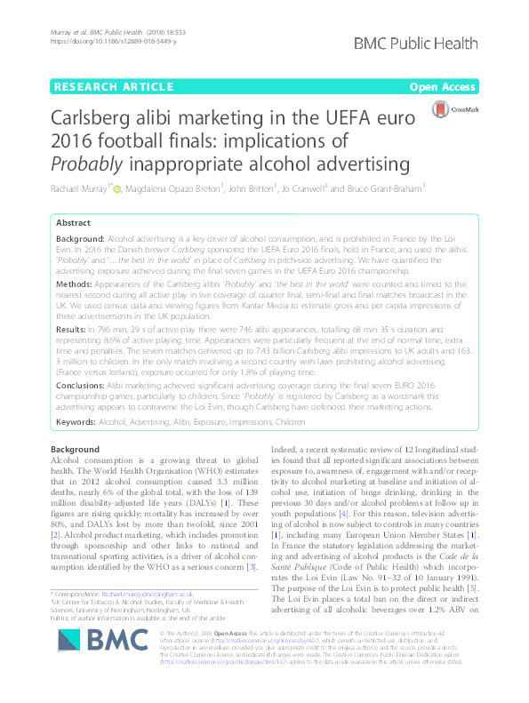 Carlsberg alibi marketing in the UEFA Euro 2016 football finals: implications of Probably inappropriate alcohol advertising Thumbnail