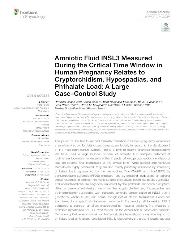 Amniotic fluid INSL3 measured during the critical time window in human pregnancy relates to cryptorchidism, hypospadias and phthalate load: a large case-control study Thumbnail