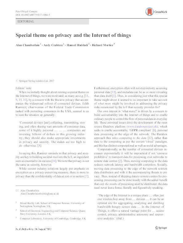 Special theme on privacy and the Internet of Things Thumbnail