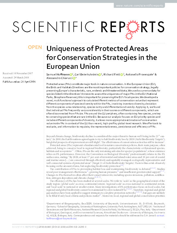 Uniqueness of protected areas for conservation strategies in the European Union Thumbnail