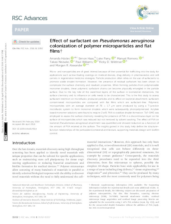Effect of surfactant on Pseudomonas aeruginosa colonization of polymer microparticles and flat films Thumbnail