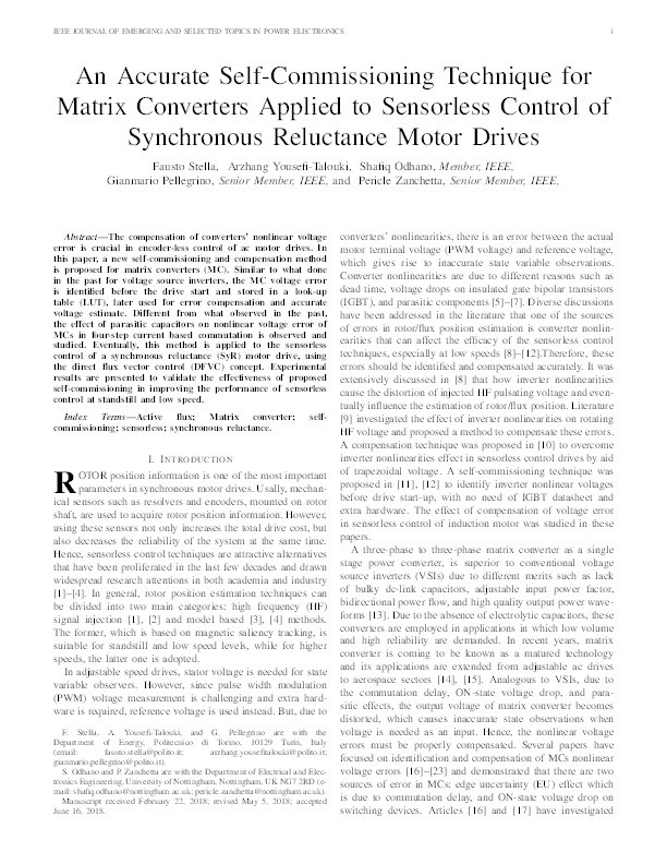 An accurate self-commissioning technique for matrix converters applied to sensorless control of synchronous reluctance motor drives Thumbnail