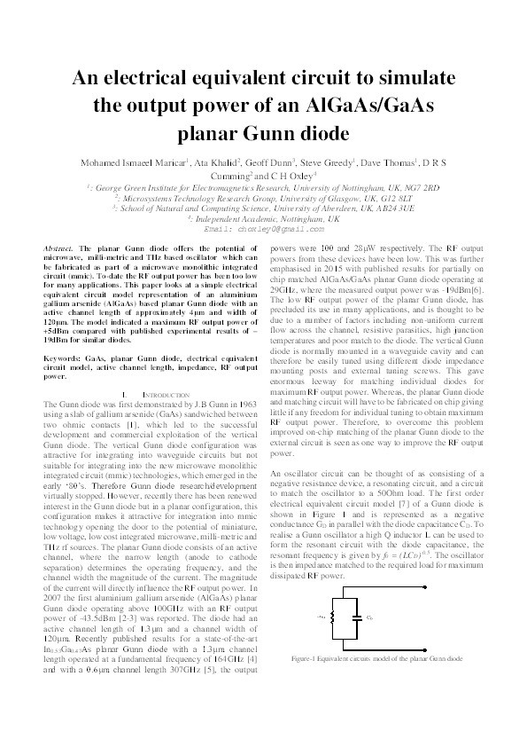 An electrical equivalent circuit to simulate the output power of an AlGaAs/GaAs planar gunn diode oscillator Thumbnail