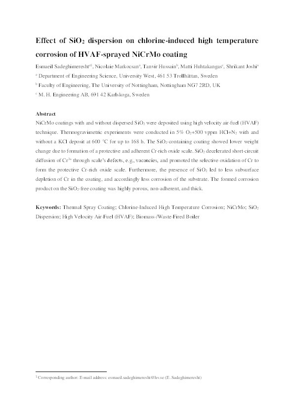 Effect of SiO2 dispersion on chlorine-induced high temperature corrosion of HVAF-sprayed NiCrMo coating Thumbnail