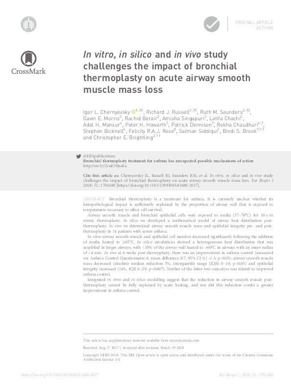 In vitro, in silico and in vivo study challenges the impact of bronchial thermoplasty on acute airway smooth muscle mass loss Thumbnail