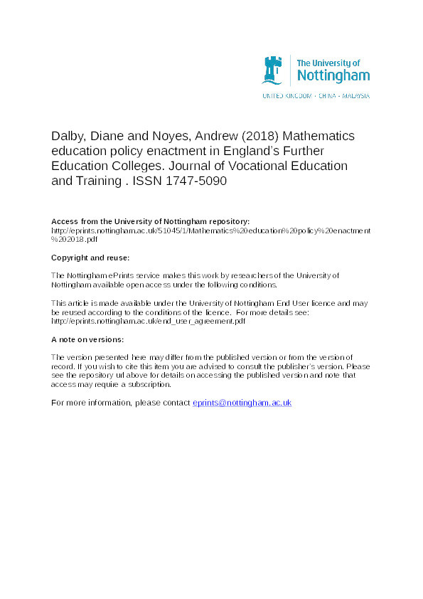 Mathematics education policy enactment in England’s Further Education Colleges Thumbnail