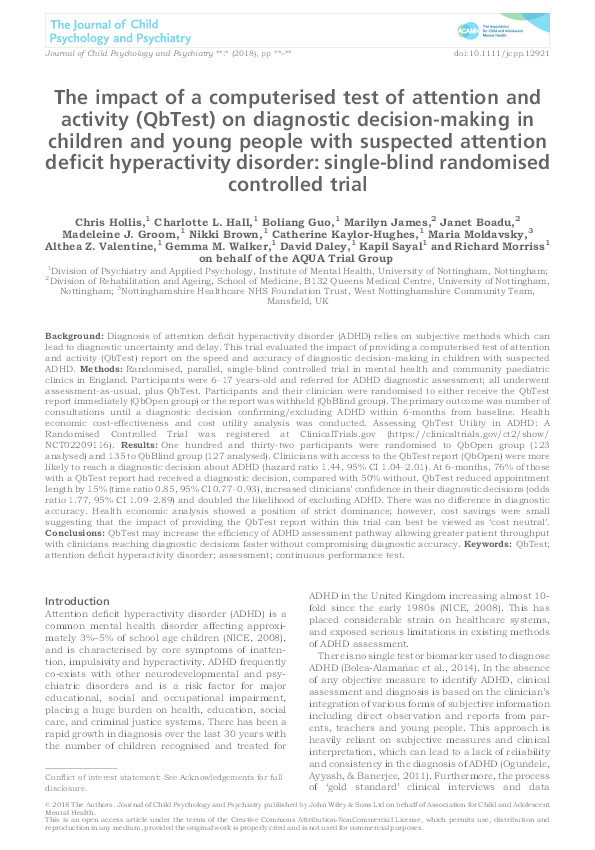 The impact of a computerised test of attention and activity (QbTest) on diagnostic decision-making in children and young people with suspected attention deficit hyperactivity disorder: single-blind randomised controlled trial Thumbnail