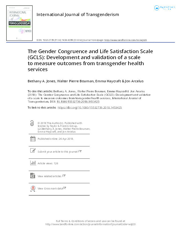 The Gender Congruence and Life Satisfaction Scale (GCLS): development and validation of a scale to measure outcomes from transgender health services Thumbnail