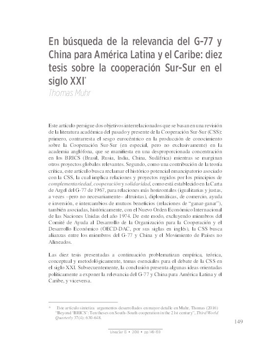 En búsqueda de la relevancia del G-77 y China para América Latina y el Caribe: diez tesis sobre la cooperación Sur-Sur en el siglo XXI Thumbnail