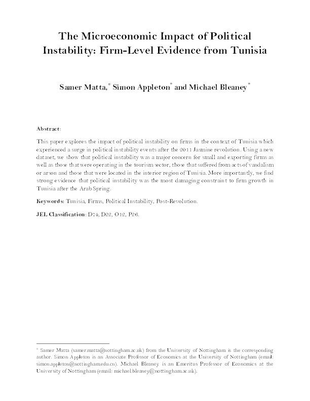 The microeconomic impact of political instability: firm-level evidence from Tunisia Thumbnail
