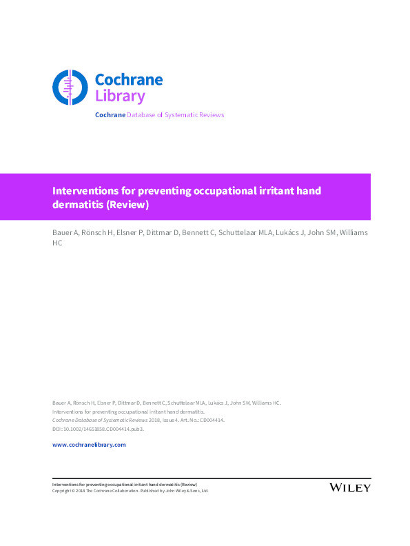 Interventions for preventing occupational irritant hand dermatitis (Review) Thumbnail