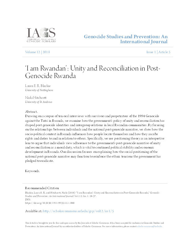 “I am Rwandan”: unity and reconciliation in post-genocide Rwanda Thumbnail
