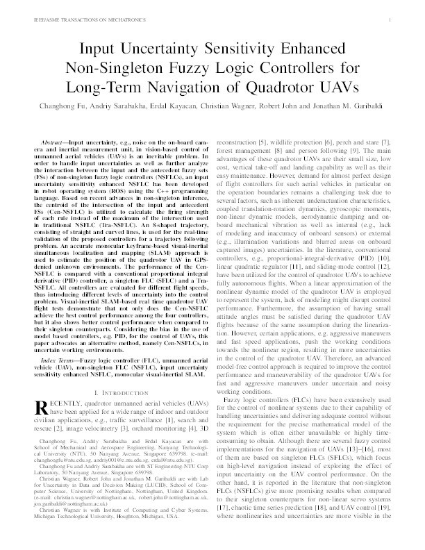 Input uncertainty sensitivity enhanced non-singleton fuzzy logic controllers for long-term navigation of quadrotor UAVs Thumbnail