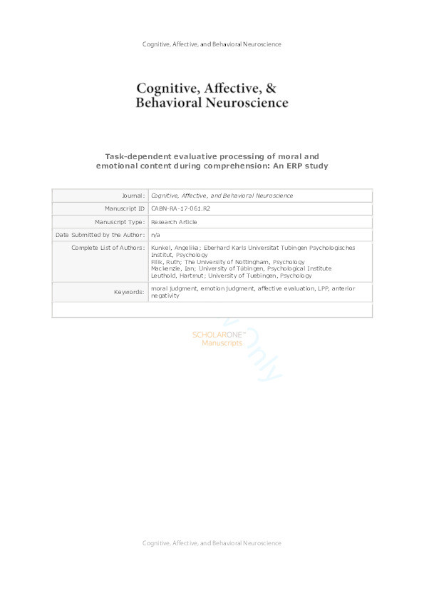 Task-dependent evaluative processing of moral and emotional content during comprehension: an ERP study Thumbnail