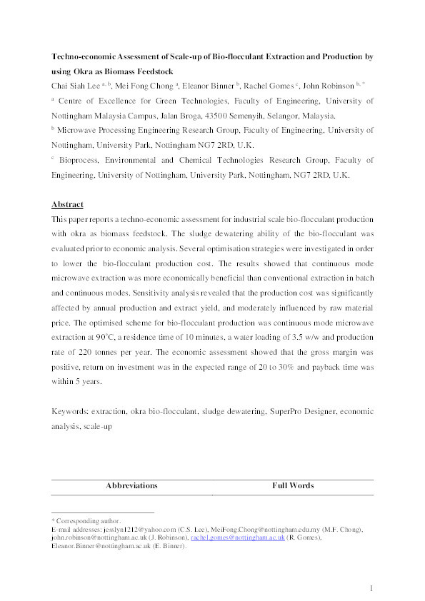 Techno-economic assessment of scale-up of bio-flocculant extraction and production by using okra as biomass feedstock Thumbnail