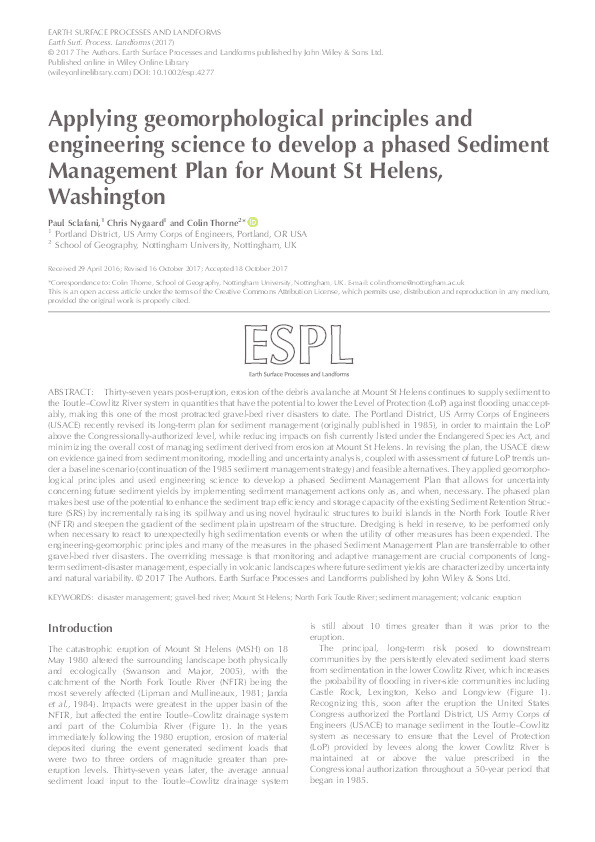 Applying geomorphological principles and engineering science to develop a phased sediment management plan for Mount St Helens, Washington Thumbnail